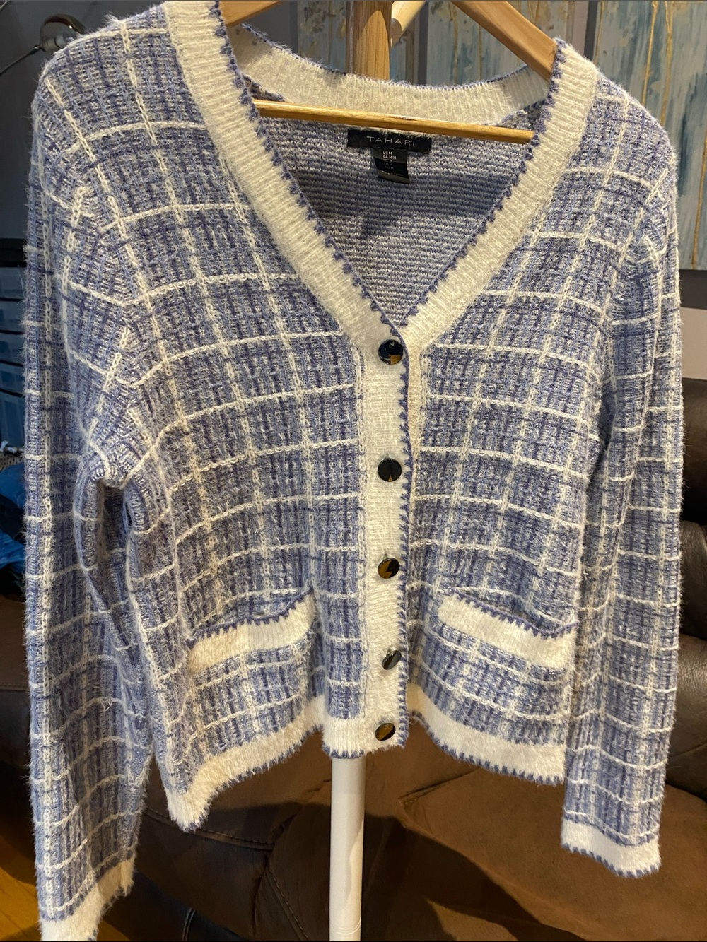 Tahari Blue and Cream Checked V-Neck Button Cardigan